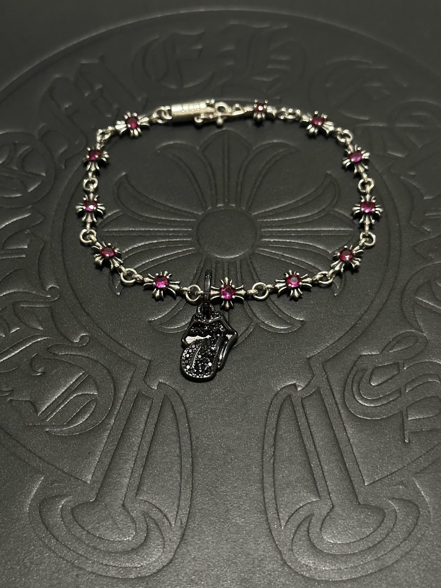 Chrome Hearts Silver and Ruby Gemstone Bracelet with Beetle Charm